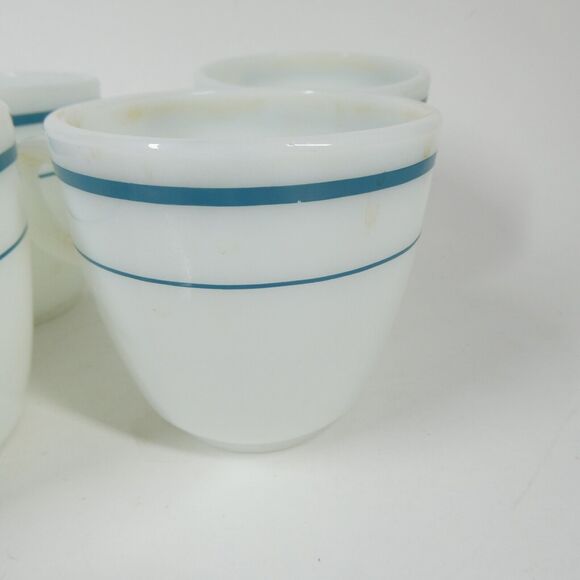 Anchor Hocking Anchorware 4 Teal Blue Stripe Coffee Mugs 910 Cups Vtg Milk Glass - Picture 9 of 14